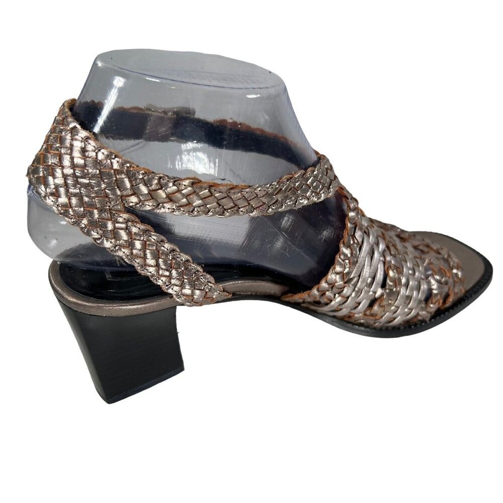 Amalfi Metallic Woven Leather Sandals Block Heel Italy Sz 7 B Strappy Open Toe - Picture 6 of 13